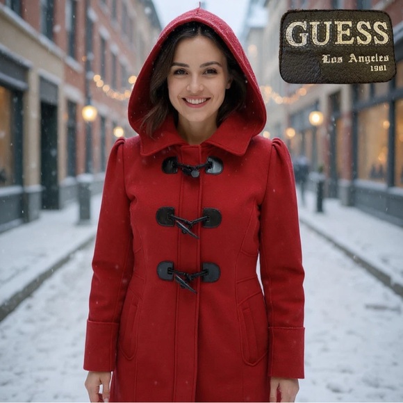 GUESS RED L Wool Blend Duffle Coat Detachable Hood Toggle Jacket Patton Loops - Picture 1 of 16